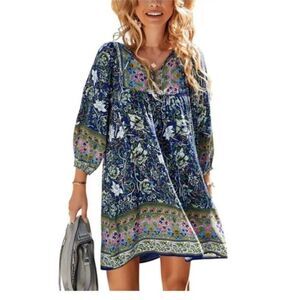TEMOFON Women's Floral Paisley Boho Mini Swing Dress Blue Size Medium